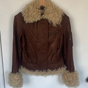 UGG Brown Leather Jacket with Cream Shearling Trim